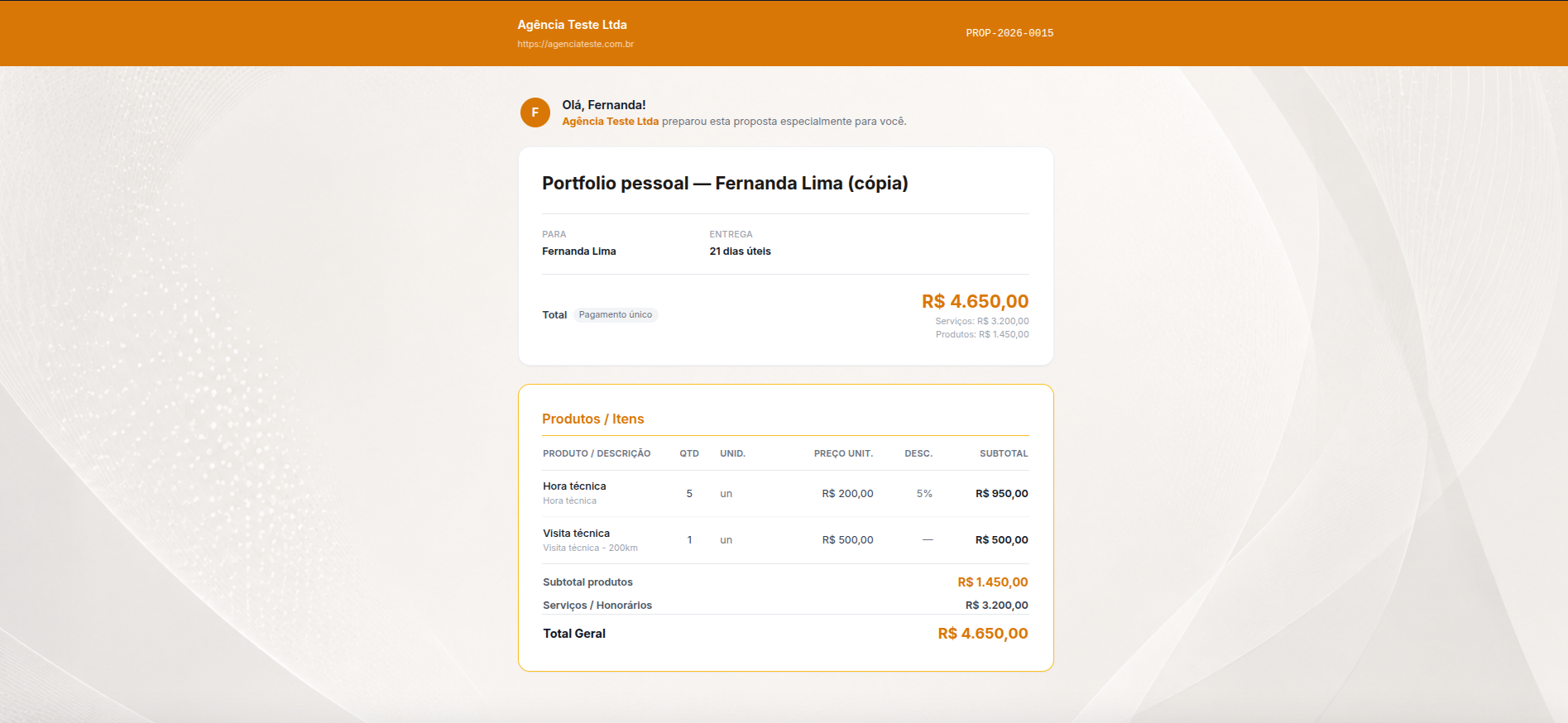 Página pública recebida pelo cliente, com resumo do investimento e tabela de produtos