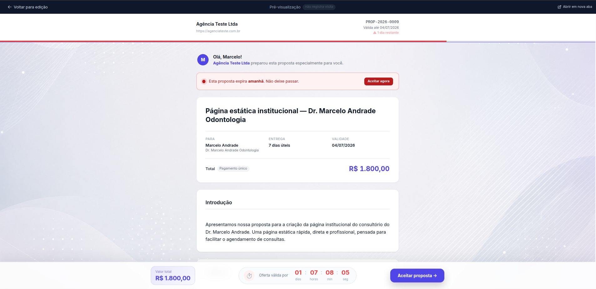 Pré-visualização ao vivo da proposta, igual à página que o cliente recebe