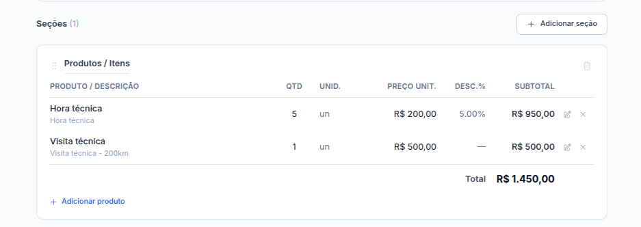 Tabela de produtos e serviços de uma proposta, com quantidade, preço e subtotal